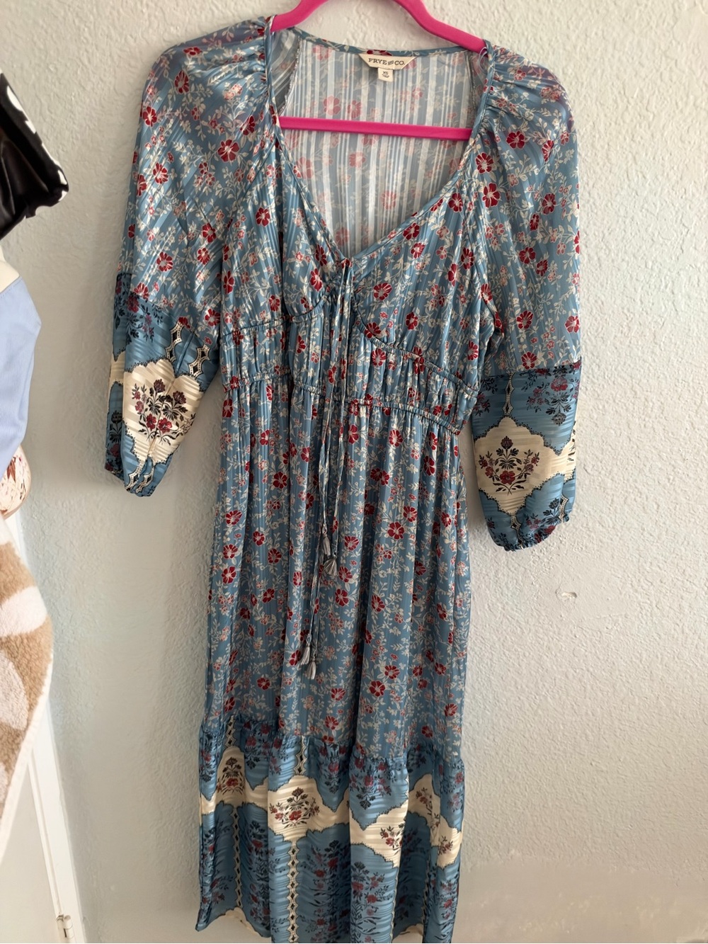 Free People Dusty Blue Floral Midi Dress with Cream Border